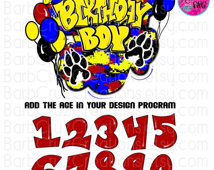 Airbrush png, Birthday Boy, Great, Wolf, Lodge, blue, yellow, red, Party Shirt, Camouflage, Paw Print, Sublimation, balloons, retro, clipart