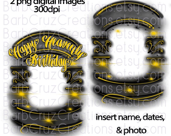 Airbrush frame, Heavenly Birthday Celebration Background, In loving Memory of, Sublimation Designs Custom memorial shirt, png, Black, yellow
