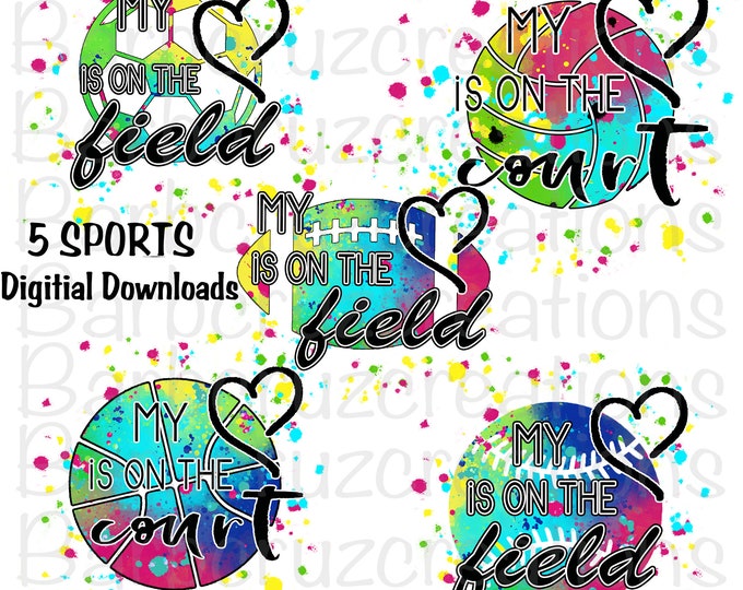 Sports mom, my heart is on the court, Bundle of 5, Volleyball, Football, Soccer, Baseball, Soccer, png, digital downloads, instant downloads