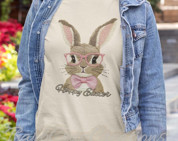 Retro Easter Bunny Shirt, Vintage Happy Easter, Faux Embroidery Girly, Funny Easter Bunny with glasses Easter Holiday Sublimation Designs