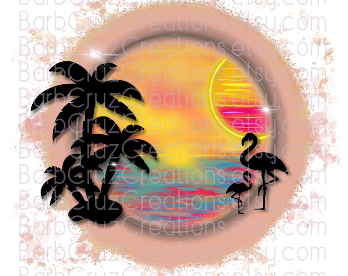 A tropical Background with flamingo's and palm trees at the beach with a sunset or sunrise. Digital Ocean png sublimation designs