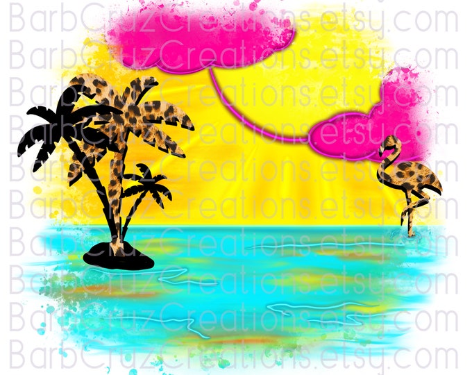 Tropical, Leopard Print, Flamingo, Sunset, Sunrise, Paradise, Airbrush, Beach, Ocean, tropical illustration, png, sublimation design, Summer