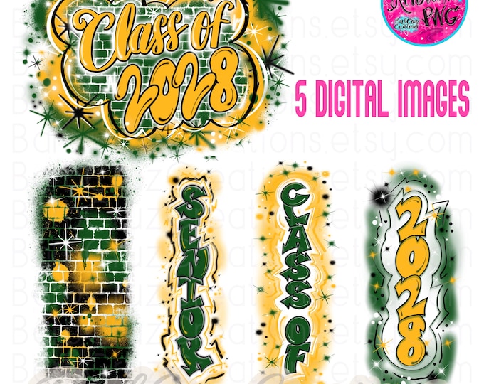Airbrush png, Vintage Bundle Yellow Green Senior, Class of 2028, Graffiti, High School Senior,College, pant leg,sleeve,vertical,  Nostalgic
