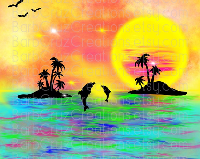 airbrush png, dolphins, tropical sunset, beach, ocean, vibes, png, jpg, sublimation designs, beach sunset, airbrush digital paper