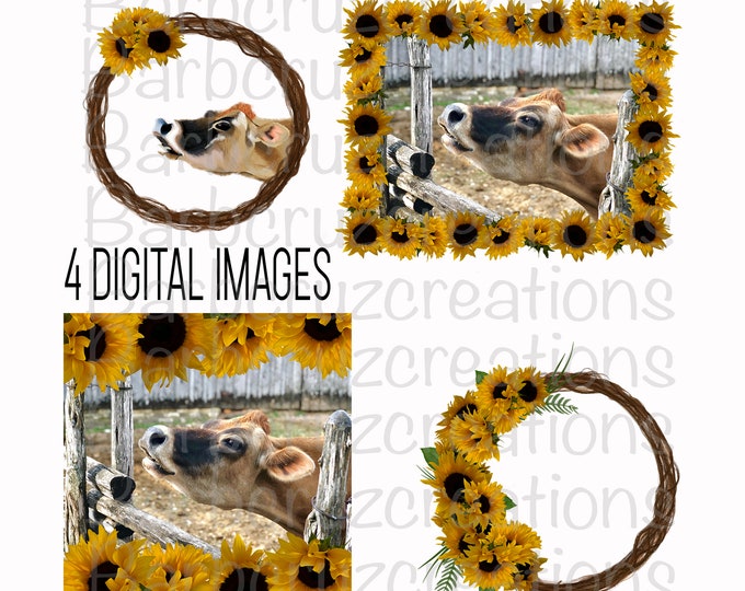 Sunflower Wreath, Cow, png, country Wreath, Digital Download, instant download, sublimation design, cow illustration, sunflowers, bundle