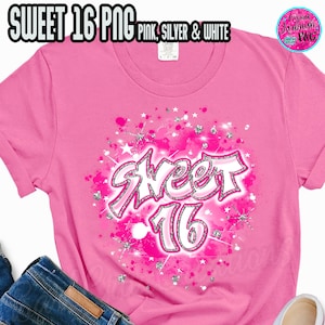 Sweet 16, Sixteen bday, Birthday, Airbrush png, Print Designs, Sublimation Designs, png, jpg clipart, Digital Download, pink, silver glitter