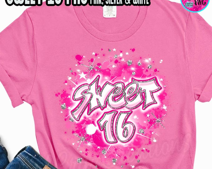 Sweet 16, Sixteen bday, Birthday, Airbrush png, Print Designs, Sublimation Designs, png, jpg clipart, Digital Download, pink, silver glitter