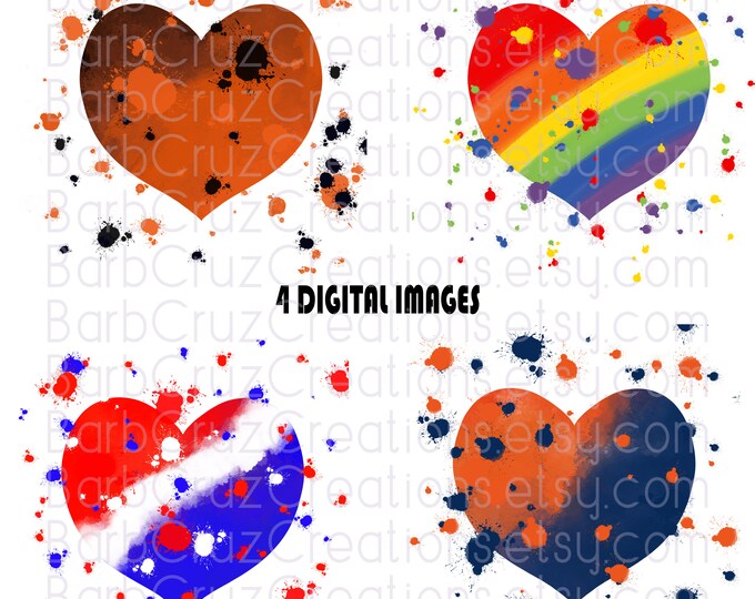 Splatter Paint Hearts, Rainbow, Red White & Blue, png, sublimation designs, digital downloads, instant downloads, clip art, Houston, Love