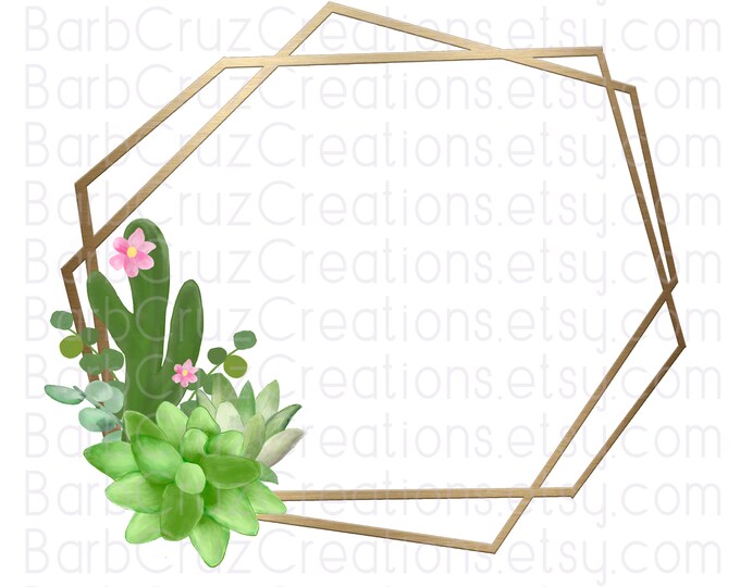 Modern Cactus Succulent Wreath, gold digital frame, Succulent Frame, Gold Wreath, png, clipart, waterslide, digital download, sublimation