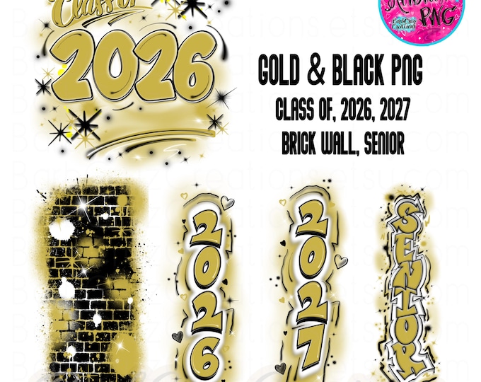 Airbrush png, Senior, Class of 2026, Graffiti designs, Heat Transfer, High School Senior, College, gold, pant leg, sleeve design, vertical