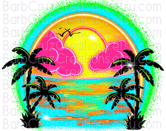 Airbrush png, tropisch, zonsondergang, zonsopgang, paradijs, strand, oceaan, tropische illustratie, png, sublimatieontwerp, digitale zomer-DTF