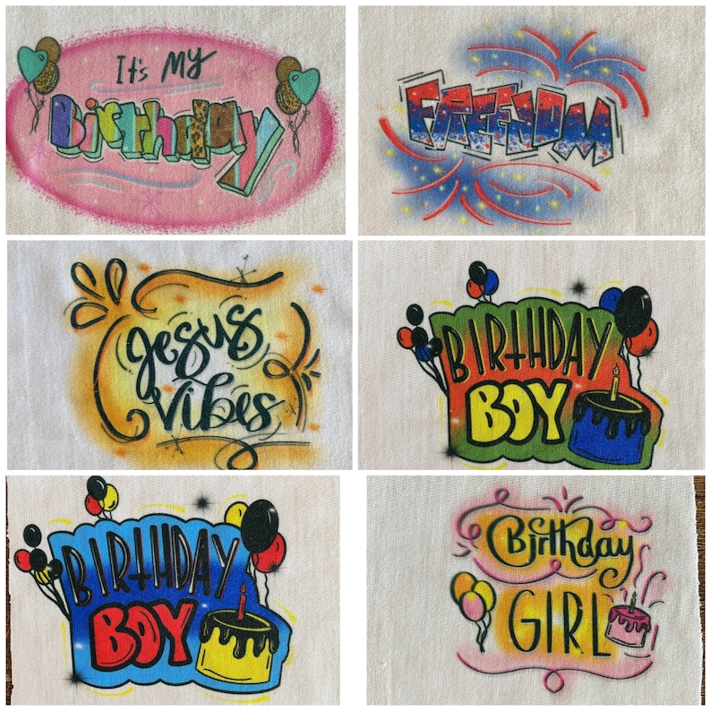 Pu&ograve; includere: Sei diversi design per t-shirt con temi di compleanno. I design includono "It's My Birthday", "Birthday Boy", "Birthday Girl", "Jesus Vibes" e "Freedom".