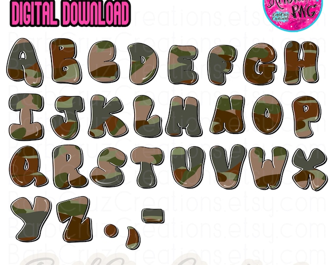 Camouflage Bubble Letter PNG Digital Download Images, Airbrush Font, Graffiti Lettering, Alphabet images, Sublimation, Bundle Fun Kids Font
