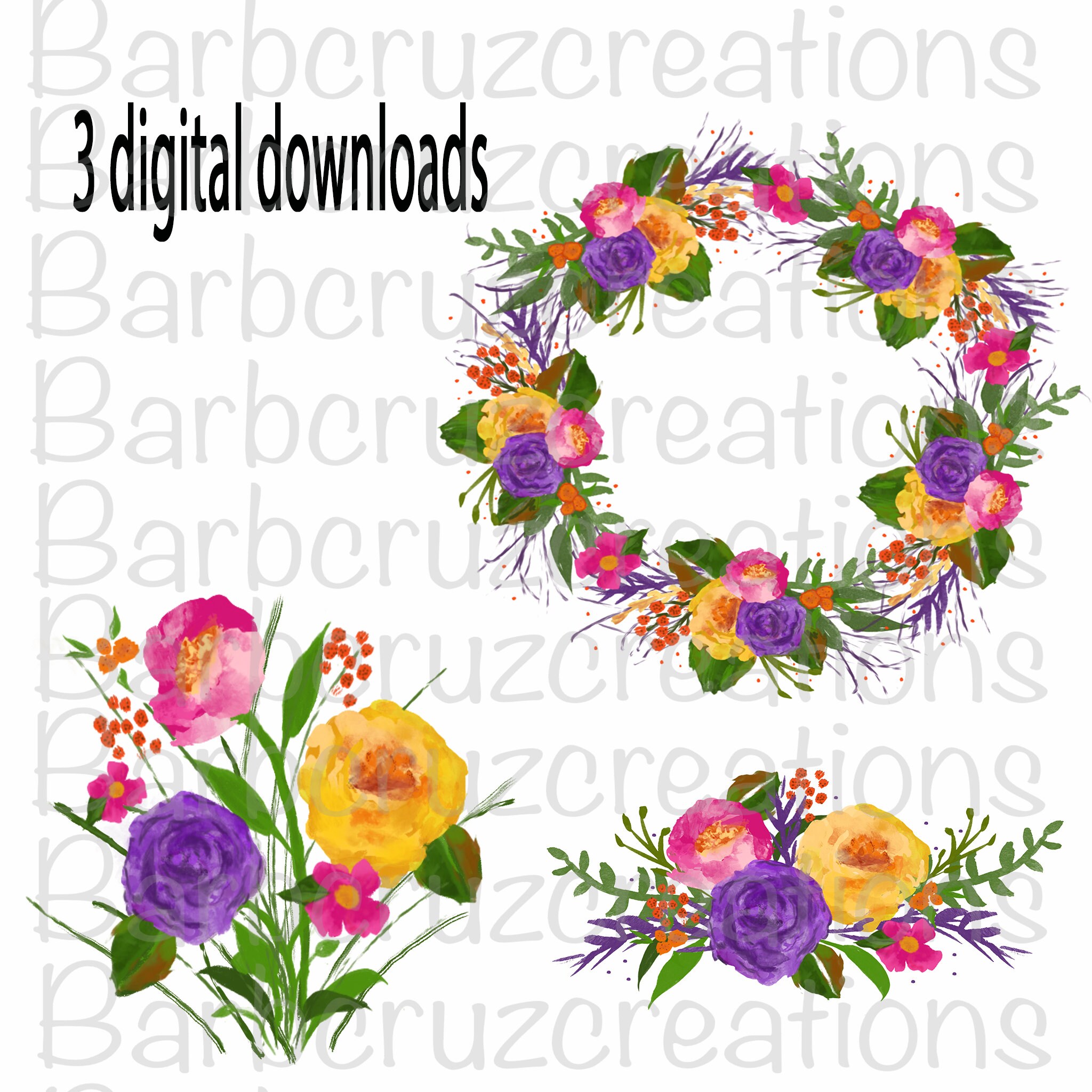 watercolor flowers, 3 digital images, bundle, Watercolor, Rose, clip art, png, digital download