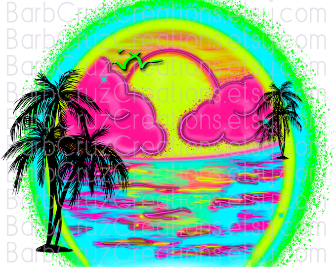 tropical, sunset, sunrise, palm trees, beach, vacation, airbrush, png, sublimation designs, digital downloads, dolphins, sunrise, ocean neon