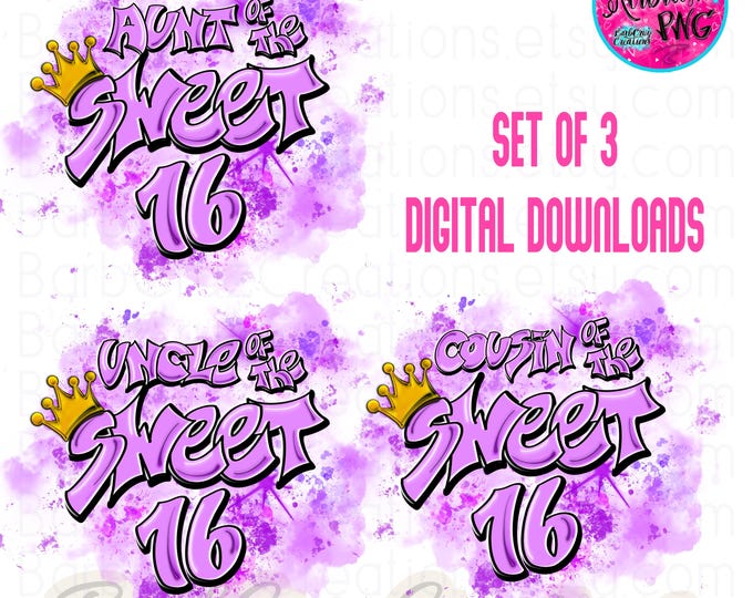 Sweet 16 Lavender Family Bundle Airbrush PNG Digital Downloads Sixteen birthday crown Sublimation Design light purple bday uncle aunt cousin