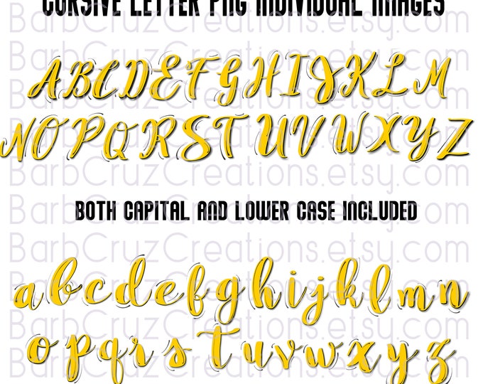 Airbrush font, Yellow cursive graffiti lettering in the whole alphabet both upper and lower case png individual images. Sublimation Design
