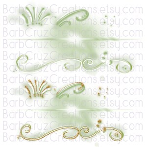 May include: Four digital clipart images of green and gold swirls and stars. The swirls are in a variety of shapes and sizes. The stars are small and scattered throughout the images. The images are on a white background.