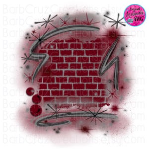 May include: A digital illustration of a red brick wall with a gray spray paint design. The design includes two curved lines and a starburst pattern. The background is white with a red and gray spray paint effect.