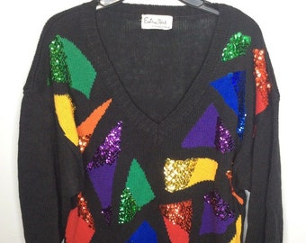 80s Sequin Knit Sweater: Color Block Geometric, Oversized Medium