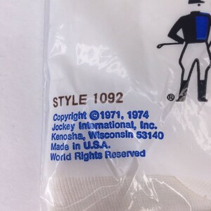 May include: White packaging with a Jockey International logo and text that reads "STYLE 1092", "Copyright &copy;1971, 1974", "Jockey International, Inc.", "Kenosha, Wisconsin 53140", "Made in U.S.A.", "World Rights Reserved", and "&reg;".