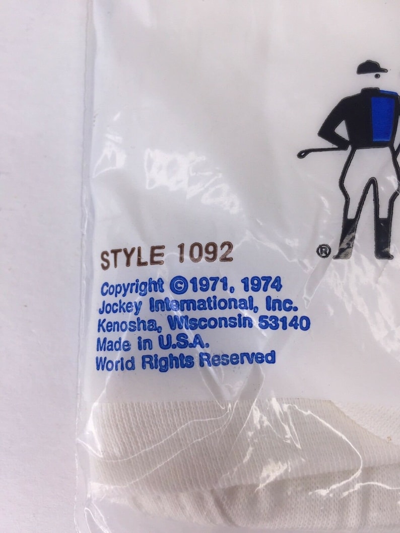 May include: White packaging with a Jockey International logo and text that reads "STYLE 1092", "Copyright &copy;1971, 1974", "Jockey International, Inc.", "Kenosha, Wisconsin 53140", "Made in U.S.A.", "World Rights Reserved", and "&reg;".
