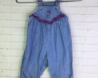 VTG Oshkosh B’Gosh Baby Blue Denim Overalls Cat Logo Plaid Trim Girls 18 Months