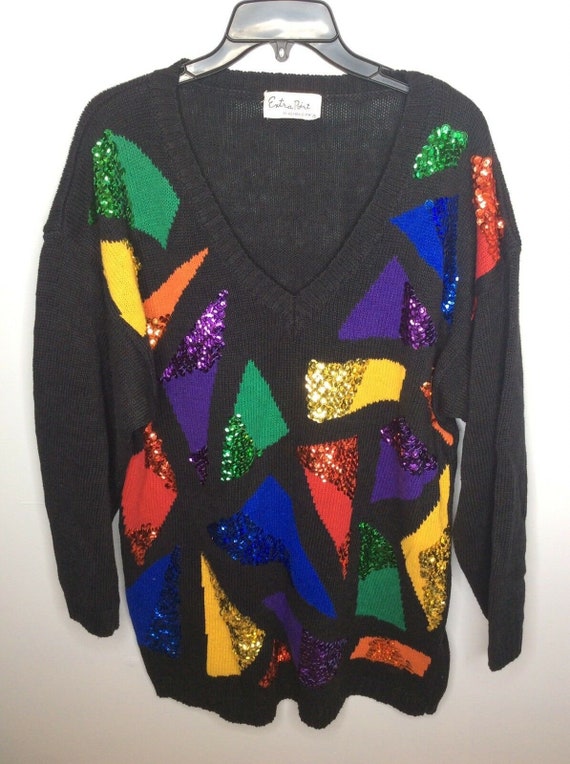 80s Sequin Knit Sweater: Color Block Geometric, O… - image 1