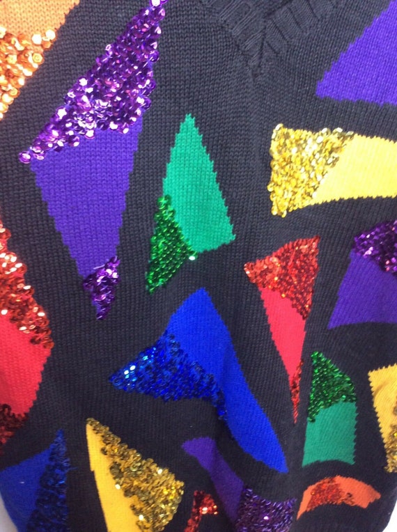 80s Sequin Knit Sweater: Color Block Geometric, O… - image 4