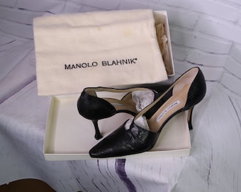 Tacones vintage Manolo Blahnik Totila de piel de lagarto negra - EU 37.5 US 7