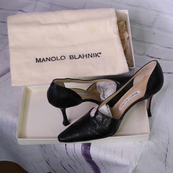 Tacones vintage Manolo Blahnik Totila de piel de lagarto negra - EU 37.5 US 7