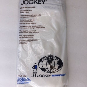 May include: White packaging featuring the Jockey logo and text outlining the underwear's features. The text includes "Extra Long Rise for the Tall Man", "Comfort Design pouch", "No-chafe leg openings", and "100% combed cotton". The style number is 1092.