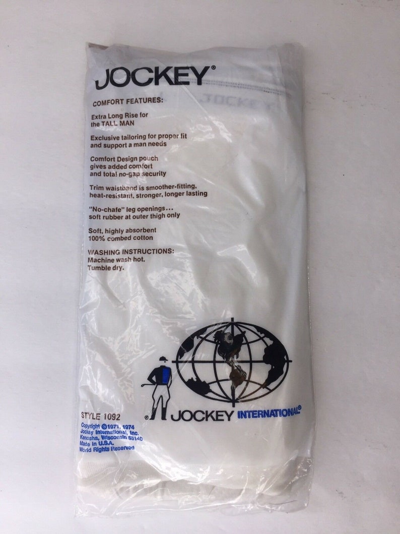 May include: White packaging featuring the Jockey logo and text outlining the underwear's features. The text includes "Extra Long Rise for the Tall Man", "Comfort Design pouch", "No-chafe leg openings", and "100% combed cotton". The style number is 1092.