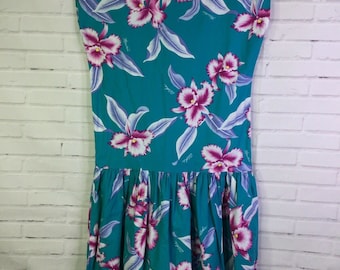 Vintage Hawaiian Dress: Orchid Fashions Floral Drop Waist, Size L