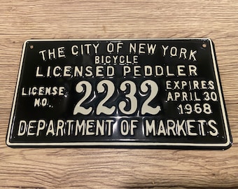 Placa de matrícula vintage de vendedor ambulante de bicicletas de Nueva York de 1968