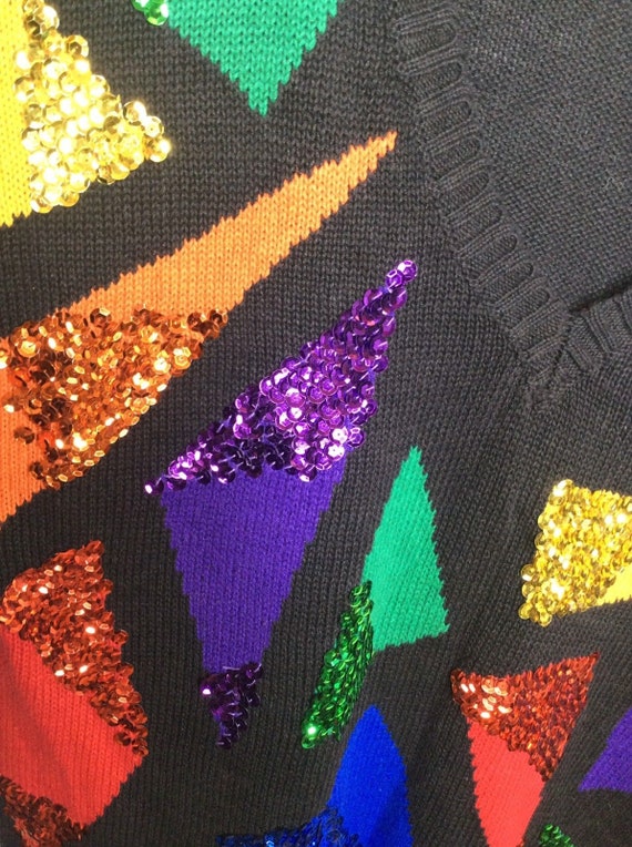80s Sequin Knit Sweater: Color Block Geometric, O… - image 3