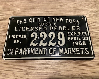 Placa de matrícula vintage de vendedor ambulante de bicicletas de Nueva York de 1968