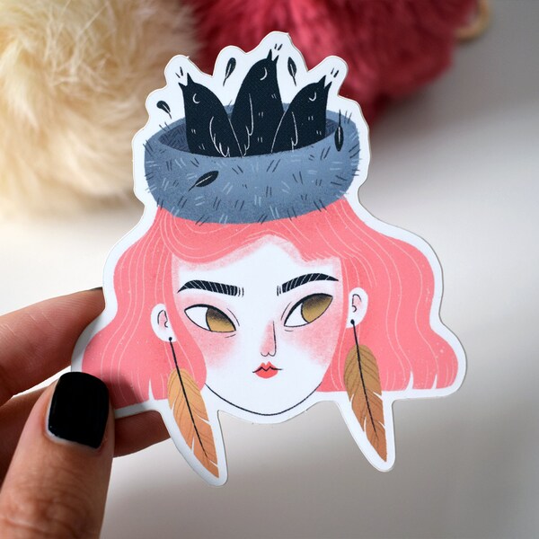 Nest girl sticker with shiny gold details / matt soft touch high quality Laptop sticker/ pink hair/ mirror effect