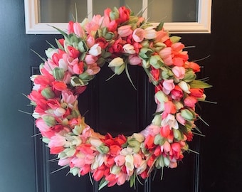 Spring Tulip Wreath | Spring Decor | Easter Wreath | Tulip Wreath | Summer Decor | Housewarming Gift | Pink Green White Tulips