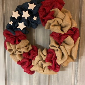 Red Blue Neutral Burlap Wreath | July 4th Wreath | Independence Day Wreath | Summer Wreath Ideas | Front Door Wreaths | Holiday Wreaths image 1