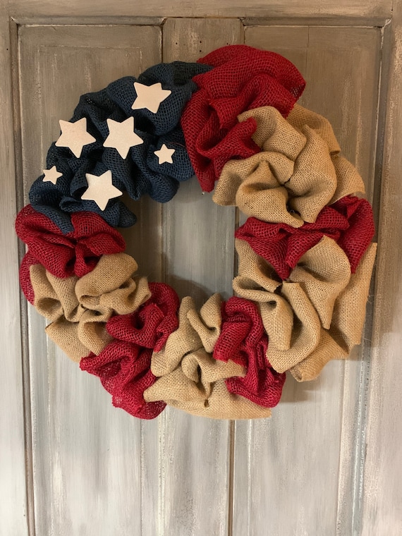 Red Blue Neutral Burlap Wreath | July 4th Wreath | Independence Day Wreath | Summer Wreath Ideas | Front Door Wreaths | Holiday Wreaths