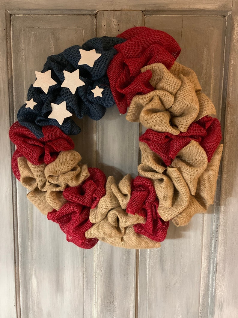 Red Blue Neutral Burlap Wreath | July 4th Wreath | Independence Day Wreath | Summer Wreath Ideas | Front Door Wreaths | Holiday Wreaths image 1