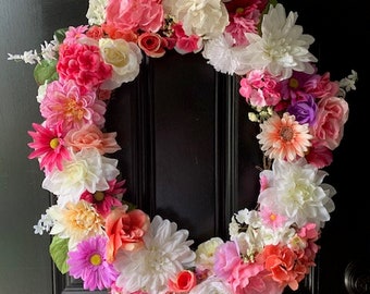Spring Door Wreath | Spring Wreath | Front Door Wreath | Outdoor Wreath | Door Decor | Pink Dahlia | White Rose | Purple Peony | Daisy