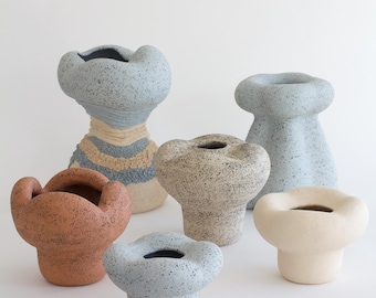 Sculptural Ceramic Vase: Beige & Light Blue Chamotte Clay, Wabi Sabi Decor