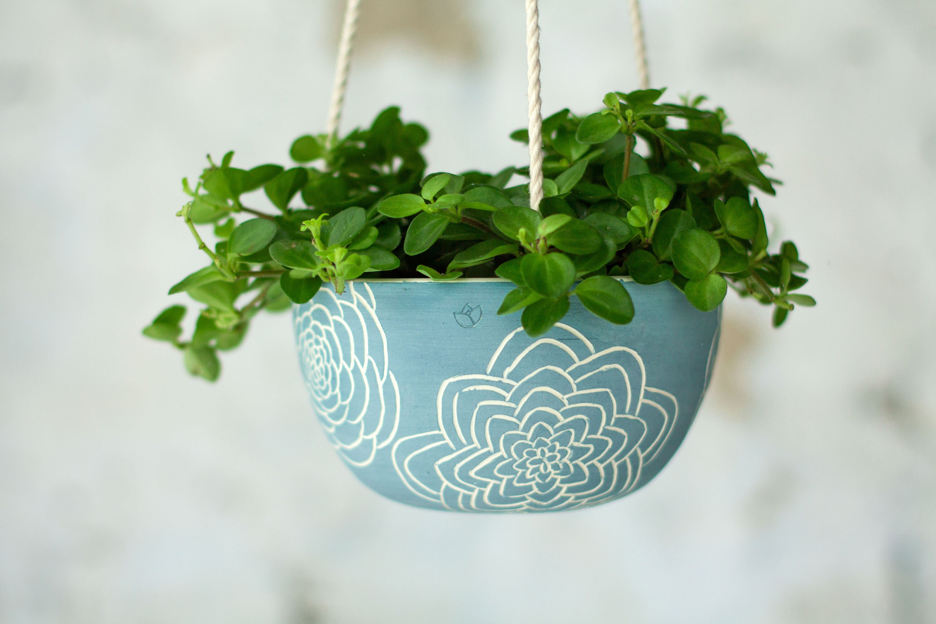 Hanging Ceramic Planter With Flower Pattern Wall Succulent Air Plant Holder Hanger Pot Decor