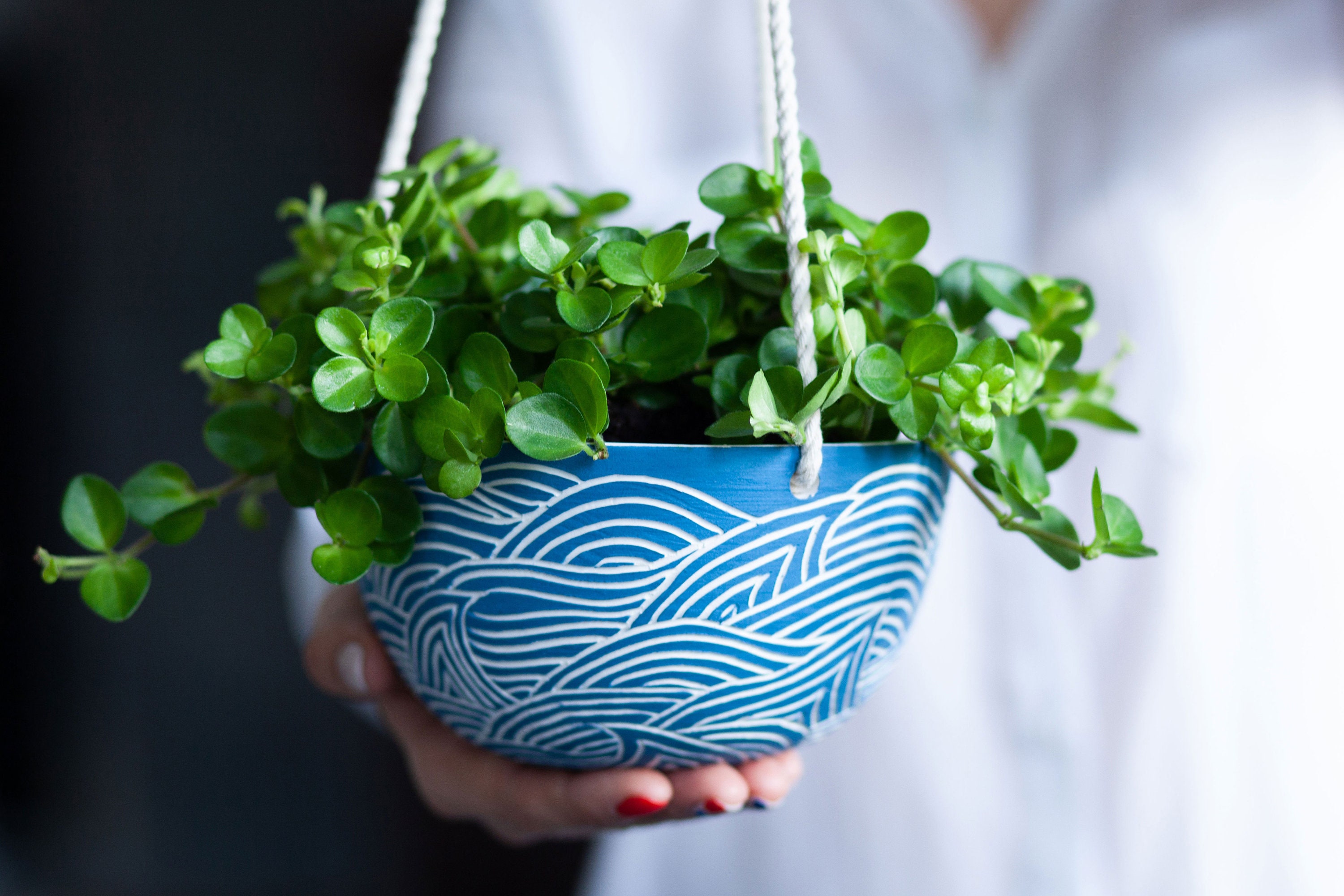 Size M Hanging Ceramic Planter With Sea Pattern Wall Succulent Air Plant Holder Hanger Pot Decor