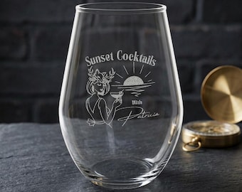 Widows Bay Sunset Cocktails with Patricia Wine Glass | Engraved 11.5oz