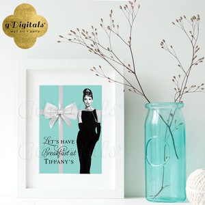 Printable Audrey Hepburn Party Decoration with printed text: &quot;Let&#39;s have breakfast&quot; 5x7&quot; Instant Download