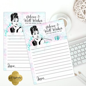 Tarjetas de consejos Despedida de soltera Buenos deseos para la novia / Audrey Hepburn Imprimible / Instantáneo 5x7" 2/Por hoja {Rosa texturizado/Azul}