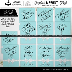 Breakfast Table Sign Bars/Photo Booth/Chocolate Party Package Table Signs with 3 Audrey Hepburn Quotes 5x7&quot; Set of 11
